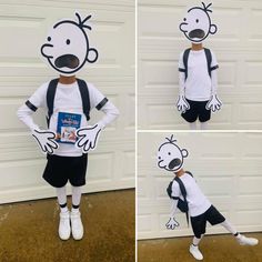 three pictures of a person wearing a costume and holding a book in front of a garage door