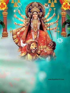 the hindu goddess sitting on top of a lion in front of an ornate sky background