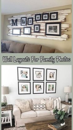 two pictures with the words wall layouts for family photos on them, and an image of