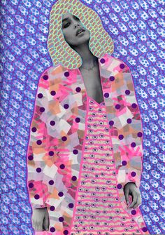 an image of a woman in pink and blue with circles on the fabric behind her