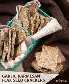 garlic parmesan flax seed crackers in a basket