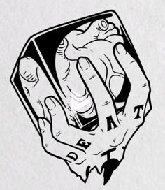 a black and white drawing of a hand holding a cell phone in it's palm