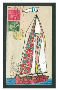 a drawing of a sailboat on water with postage stamps in the bottom right corner