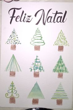 a sign that says feliz natal with different types of trees on it