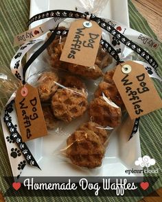 homemade dog waffles are wrapped in cellophane and tied with twine