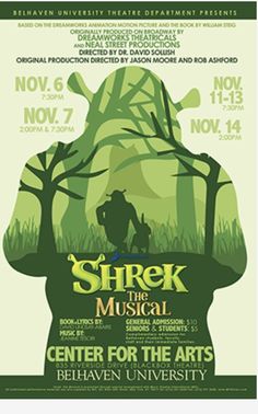 a movie poster for shrek the musical with an image of a man standing in front of trees