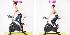 a woman is riding an exercise bike with the words wrong and right above her head