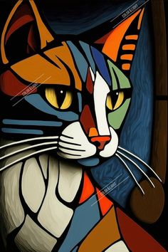 a painting of a cat with orange, blue, and green colors on it's face