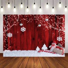 an image of a christmas scene with snowflakes on the fence and santa clause