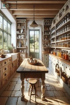 an old fashioned kitchen with lots of wooden cabinets and counter space, including a large table