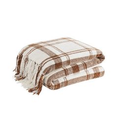 two brown and white plaid blankets folded on top of each other