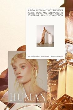 an advertisement for the perfume brand human, with images of women in gold and white