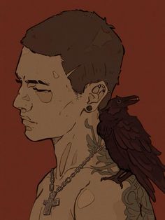 a drawing of a man with tattoos and a bird on his shoulder next to him