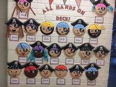 a bulletin board with pirate faces on it and the words, all hands on deck