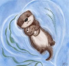 a painting of an otter hugging its cub