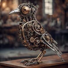 a bird made out of gears sitting on top of a wooden table