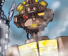 an image of a cartoon robot holding up a giant knife and looking at something in the distance