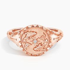 Pisces Zodiac Diamond Signet Ring - 14K Rose Gold. An embossed duo of two fish and a starlike diamond empower this signet and its wearer with the characteristics of the Zodiac water sign Pisces - empathetic, artistic, generous. 
 
 An impression in the symbolic shape of the Pisces sign is carved into the textured back side of the signet itself, while a shimmering constellation is formed with diamonds along either side of the design. 

Sol is a collection that invites you to embrace your inner li Signet Ring Shapes, Signant Ring, Signet Rings Women Vintage, Signet Wedding Ring, Pisces Ring, Pisces Jewelry, Pinky Signet Ring, Custom Signet Ring, Ring Stacks