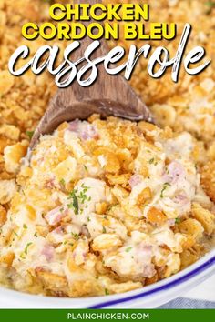 chicken cordon bleu casserole in a white bowl with a wooden spoon