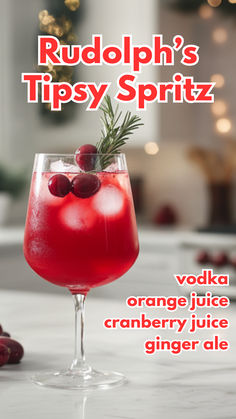 Rudolph’s Tipsy Spritz Recipe Alcoholic Drink Christmas, Rudolph’s Night In Cocktail, Christmas Drinks Punch, Ginger Alcoholic Drink, Rudolph's Tipsy Punch, Rudolph’s Tipsy Punch, Vodka Fizz Cocktail, Christmas Eve Drink Ideas, Jack Daniels Winter Cider Recipes