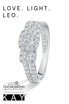 a diamond ring with the words love light leo