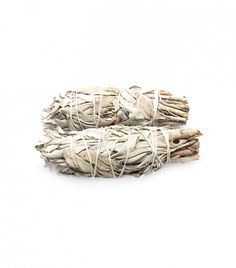 three bundles of white sage on a white background