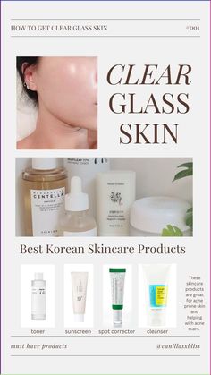 Korean skincare is one of the best ways to clear your skin to get that glass skin look. These are four products that have worked wonders for me and many others. The toner will help hydrate and sooth the skin. The sunscreens great formulation is anti-aging, helps with hyper pigmentation, and leaves no white cast. The spot correcter will make sure to fade acne scars and brightens the skin. The cleanser will make sure to clean your face while protecting your skin barrier and helps with acne. How To Clean My Face Naturally, Products For Clear Skin Skincare, Korean Skincare Must Haves, Products For Brightening Skin, Skincare For Brightening Skin, How To Glass Skin, Clean Skincare Products, Korean Skincare Products For Acne, Glass Hair Products