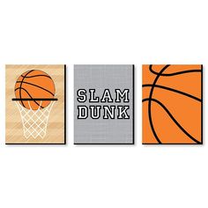 three different pictures of basketballs and the words slam dunk in white, orange, and grey