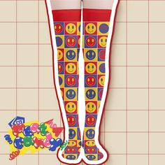 Kidcore Smiley Face Blocks Thigh High Stockings Put on your happy legs and smiling feet with these kidcore stockings featuring a pattern of smiley faces in alternating primary colors against contrasting blocks.  Available in 3 sizes with differing lengths - please see size chart in images for measurements! 90% Polyester, 10% Spandex Primary Color Aesthetic, Clowncore Clothes, Kidcore Outfit, Clowncore Aesthetic, Maximalist Fashion, Smiley Faces, Thigh High Stockings, Funky Fashion, Fashion Socks