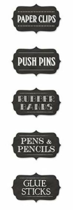 four black and white stickers that say push pins, punch nails, pencils