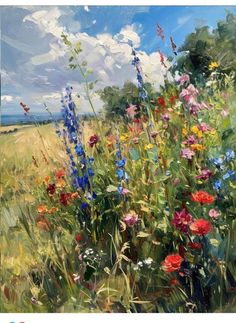 an oil painting of wildflowers in a field