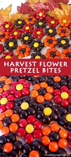 an assortment of halloween candy with leaves on the side and text overlay that reads harvest flower pretzel bites