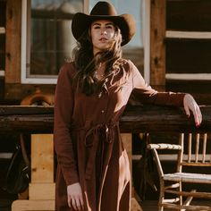 Tobacco Tencel Western Dress | Stetson Western Business Casual, Cute Cowgirl Outfits, Modern Farmer, Two Two, Western Dress, Wide Trousers, Cowgirl Outfits, Mid Length Dresses, Western Dresses