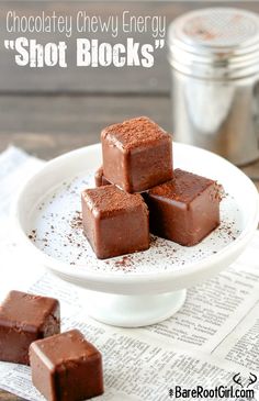 chocolate chewy energy shot blocks on a white plate