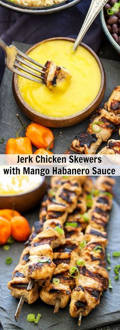 chicken skewers with mango habanero sauce are served on the grill and ready to be eaten