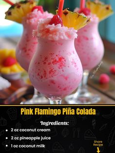 pink flamingo pina cola with pineapples and coconut milk in two glasses