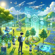 an artist's rendering of people standing in front of solar panels and flying kites