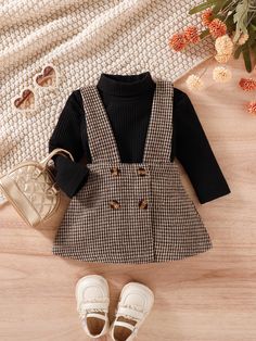 Multicolor  Collar manga larga  Pata de Gallo  Embellished Estiramiento medio Otoño,Primavera Baby Girl Casual Outfits, Baby Autumn Outfits, Kids Autumn Outfits, Baby Fall Outfits, Puff Sleeve Bodysuit, Baby Puffs, Fall Baby Clothes, Kids Fashion Dress, Suspender Skirt