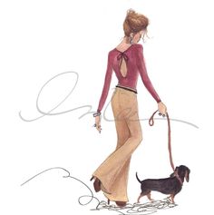 a drawing of a woman with a dog on a leash and wearing a red top