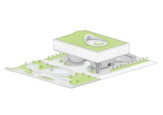 an architectural model of a building with a green roof and white walls, surrounded by trees