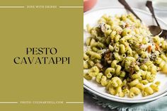 pasta with pesto cavatappi on a white plate