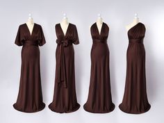 three dresses on mannequins, one in brown and the other in chocolate