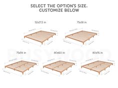 four sizes of the bed frame are shown in three different positions, with measurements for each side