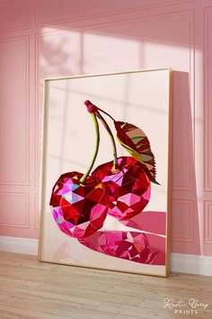 a pink wall with an abstract painting of two cherries on it's side