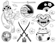 japanese tattoo designs with flowers, geisha and koi on white background stock photo