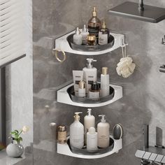 three tiered bathroom shelf with soap and lotion