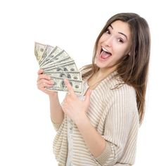 a woman is holding money in one hand and making a funny face with her mouth wide open