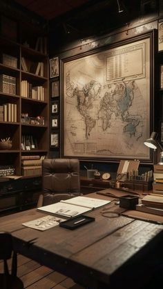 an old world map hangs on the wall above a leather chair and desk in a library