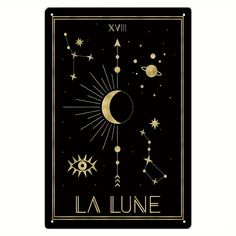 a tarot card with the moon, stars and planets in gold on black background