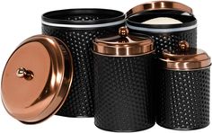 three black and copper canisters with lids